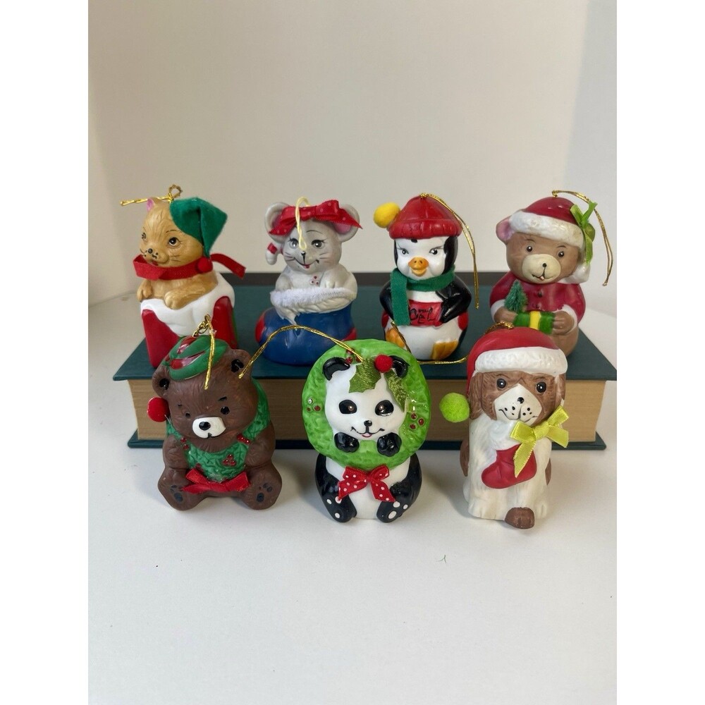 7 Giftco Animal Ornaments Bells Christmas VTG Ceramic 3" Tall Taiwan